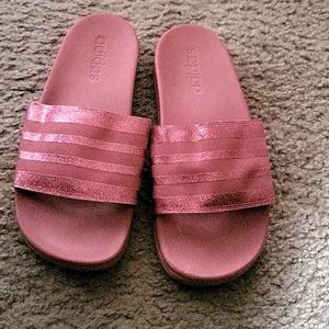 Adidas corral pink shimmer slides
